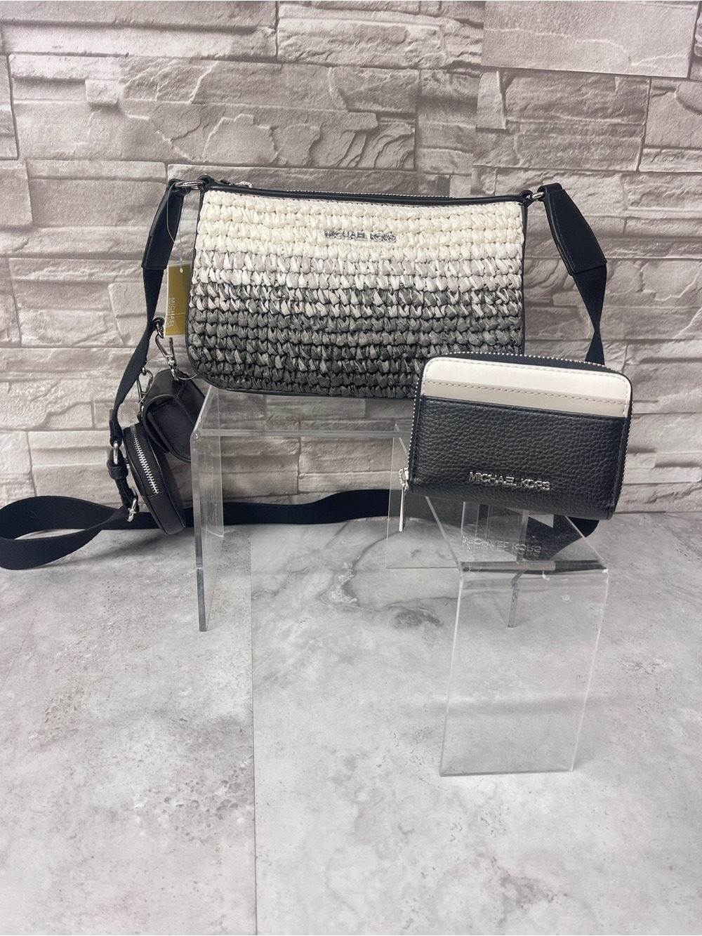 Michael Kors Straw Tech Crossbody Bag Black White Gray Ombré & Matching Wallet - Picture 2 of 12